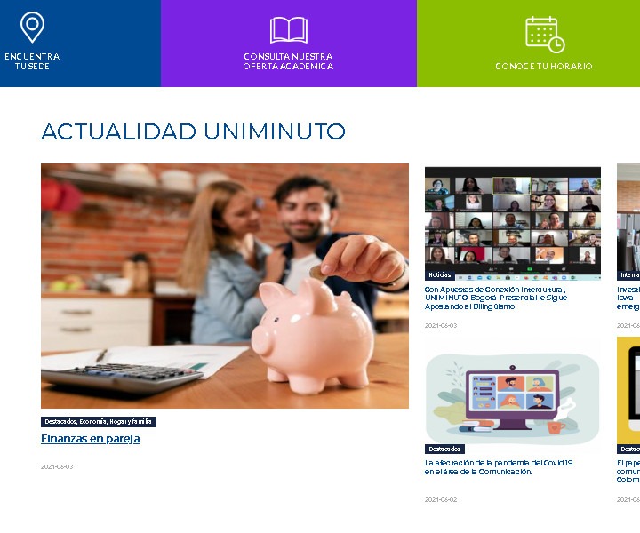 visual de la versión actual de la interfaz de la pagina web de uniminuto