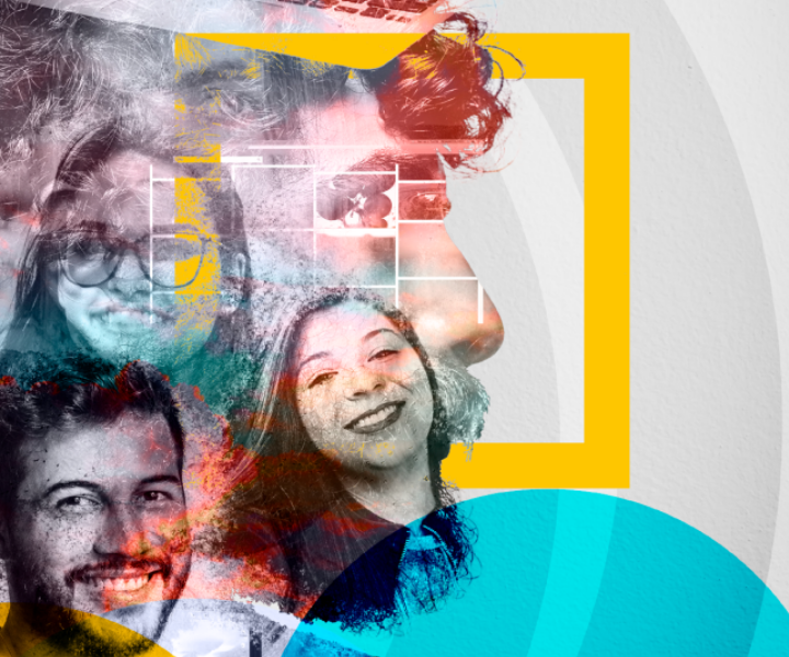 Un reglamento a la medida de nuestros estudiantes. Diseños de jóvenes estudiantes sonriendo por el nuevo reglamento estudiantil de UNIMINUTO con colores difuminados tipo acuarela