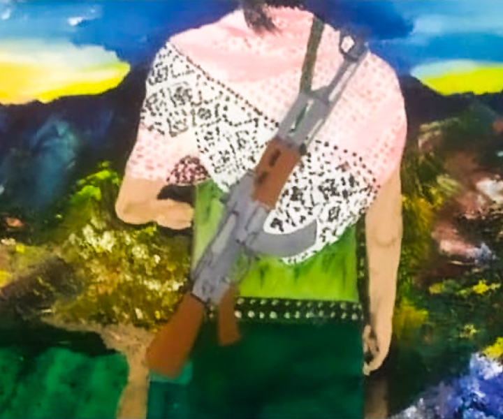 Pintura, campesino con fusil terciado