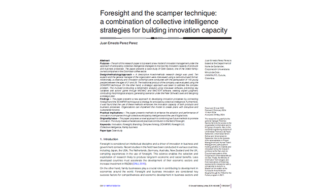 Portada del artículo 'Foresight and the scamper technique: a combination of collective intelligence strategies for building innovation capacity' publicado por Juan Ernesto Pérez Pérez en la revista Foresight.