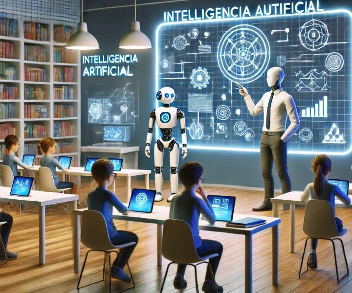 Estudiantes en aula de clase con robot