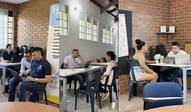 res escenas muestran a estudiantes UNIMINUTO brindando asesorías individuales a población de El Rodeo