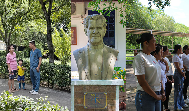 Tres escenas muestran estudiantes UNIMINUTO brindando asesoría a población y en el centro un busto del Padre Rafael GarcíaHerreros Unda