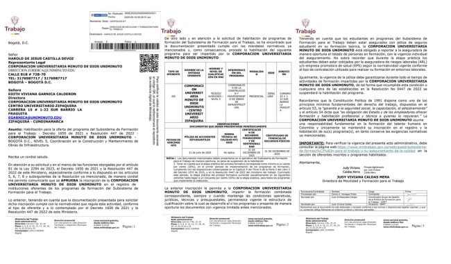 Collage de documentos que avalan el técnico nivel 5 en construcción aprobado para UNIMINUTO Zipaquirá por el Ministerio de Trabajo.