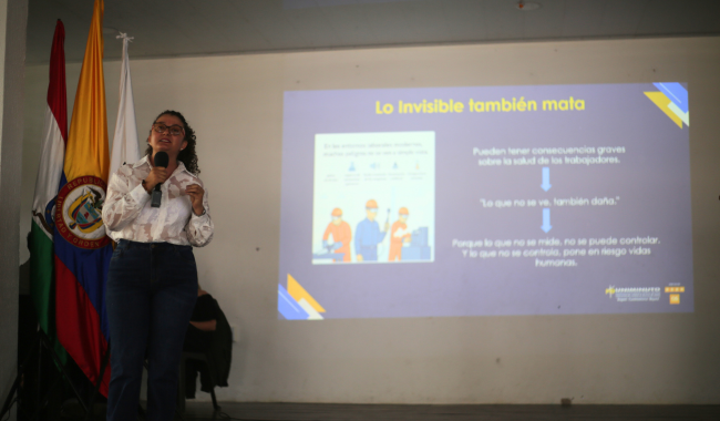 Bibiana Andrea Zuluaga, coordinadora de la Especialización en Seguridad Industrial e Higiene Laboral durante la conferencia que dictó a todos los asistentes. 