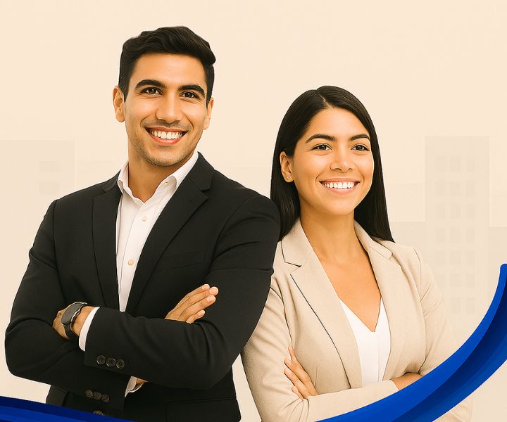 hombre y una mujer con ropa casual y sonriendo