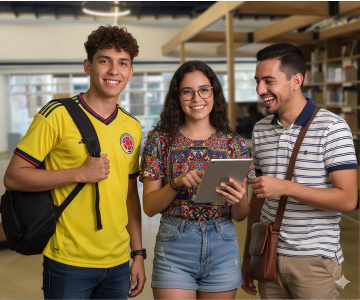 estudiantes de UNIMINUTO con cuadernos y maletas