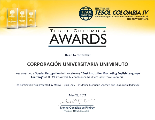 Certificado del reconocimiento otorgado por TESOL Colombia.