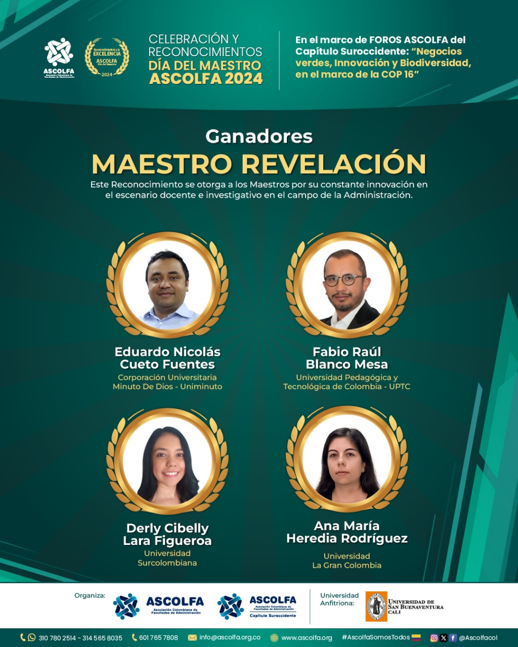 Póster de ganadores premio docente revelación ASCOLFA 2024