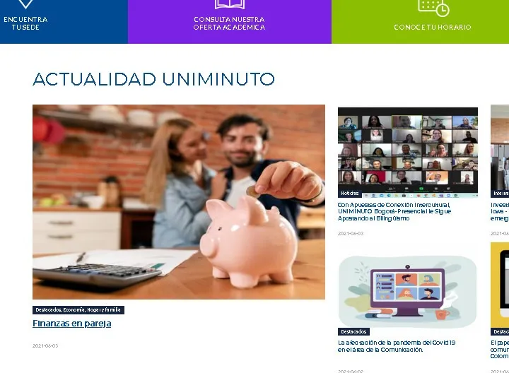 visual de la versión actual de la interfaz de la pagina web de uniminuto