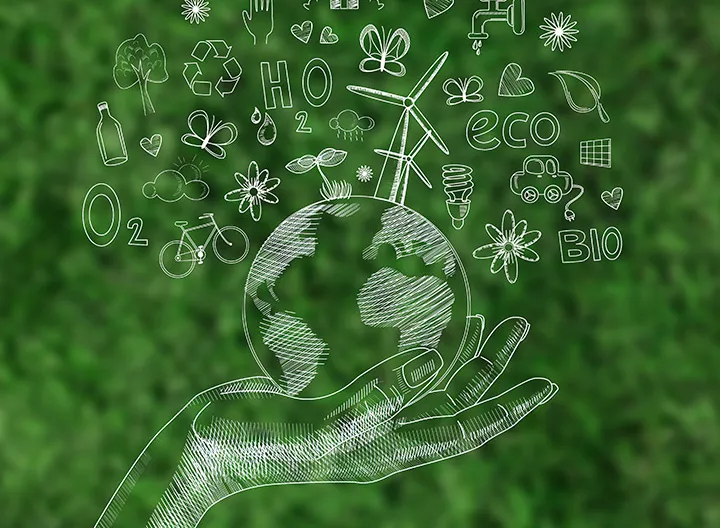 Imagen de mano sosteniendo planeta tierra -diseño en solo línea- fondo lleno de hojas verdes