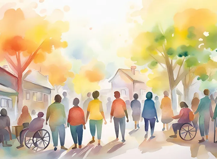 Animación de personas de capacidades diversas caminando en la misma dirección.