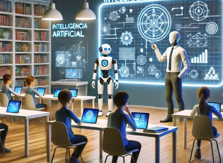 Estudiantes en aula de clase con robot