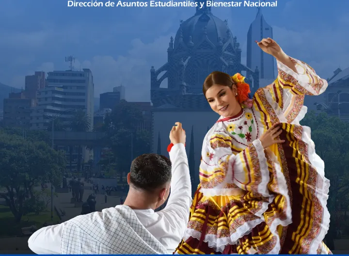 Pareja de baile y un fondo de la plaza de botero en Medellín