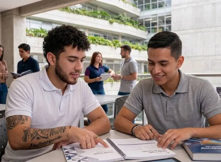 dos hombres revisando un libro en una oficina