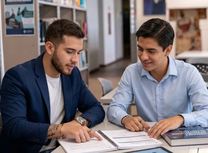 dos hombres revisando un libro en una oficina