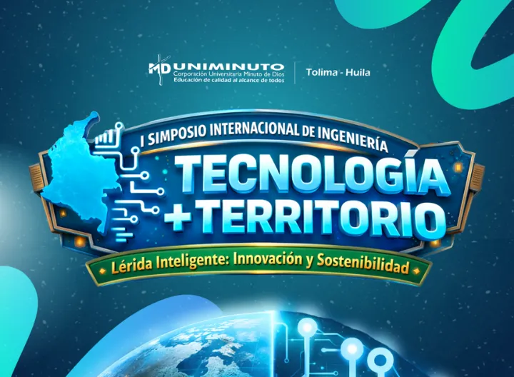 Imagen oficial y logo del I Simposio Internacional de Ingeniería “Tecnología + Territorio” de UNIMINUTO Tolima–Huila, evento académico que promueve la innovación, el desarrollo tecnológico y la sostenibilidad en Lérida.