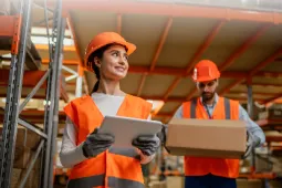 Dos trabajadores mujer hombre en fábrica