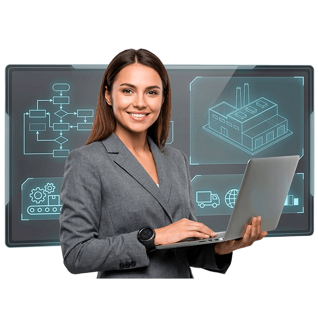 Mujer profesional analizando procesos industriales y flujo de producción en entorno digital en contexto de ingeniería industrial y optimización de operaciones