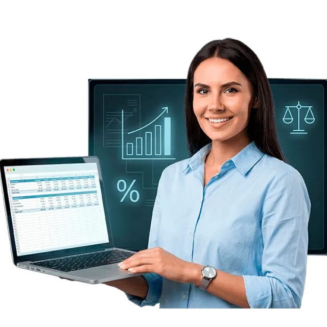Mujer profesional analizando información contable en laptop con gráficos financieros y métricas en contexto de contaduría pública y análisis financiero