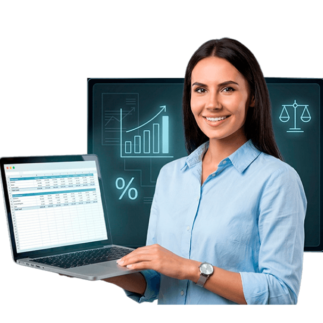 Mujer profesional analizando información contable en laptop con gráficos financieros y métricas en contexto de contaduría pública y análisis financiero