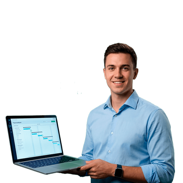 Hombre profesional sosteniendo laptop con cronograma de proyectos y herramientas de planificación en contexto de gerencia de proyectos y gestión estratégica