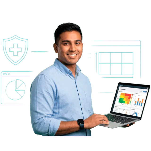 Hombre profesional utilizando laptop con indicadores de riesgo y salud ocupacional en contexto de seguridad y salud en el trabajo y gestión preventiva