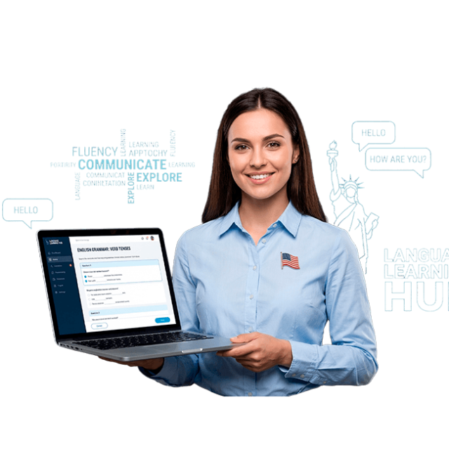 Mujer profesional mostrando plataforma de aprendizaje de idiomas con contexto internacional en entorno digital en contexto de licenciatura en lenguas extranjeras