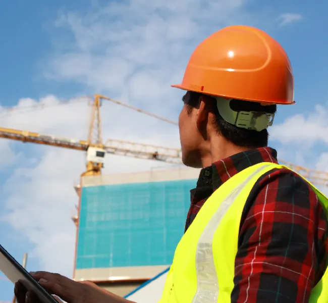 obrero con casco en construcción con grúa de fondo