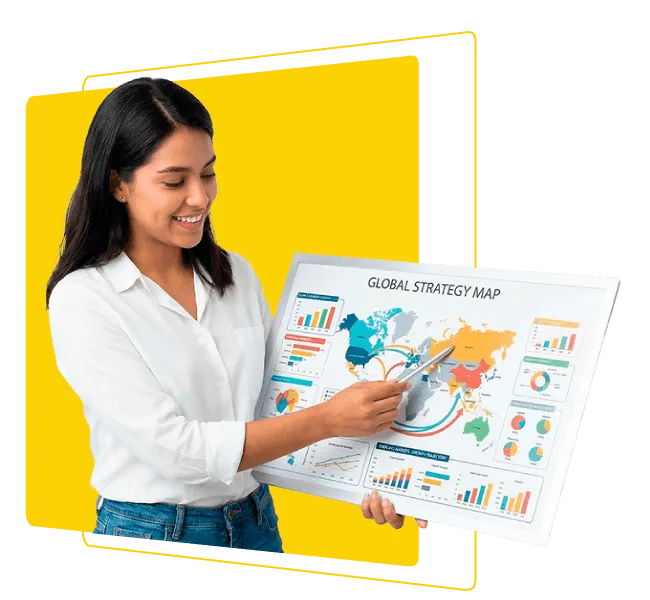 Mujer profesional analizando mapa estratégico global con indicadores de negocio en contexto de administración de empresas