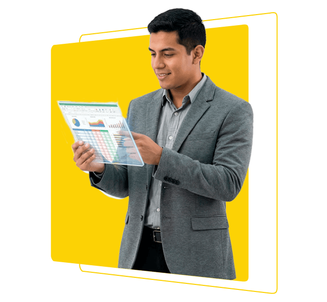 Hombre profesional revisando reportes financieros y gráficos de desempeño en contexto de contaduría pública y análisis contable