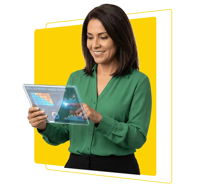 Mujer profesional analizando indicadores y gráficos de gestión en entorno digital en contexto de gerencia de proyectos y toma de decisiones