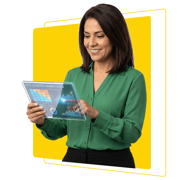 Mujer profesional analizando indicadores y gráficos de gestión en entorno digital en contexto de gerencia de proyectos y toma de decisiones