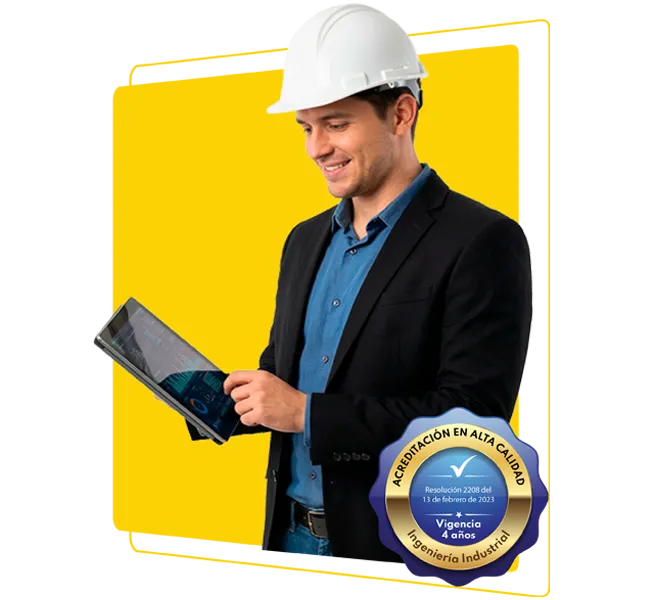 Ingeniero industrial con casco revisando métricas y procesos productivos en tablet digital